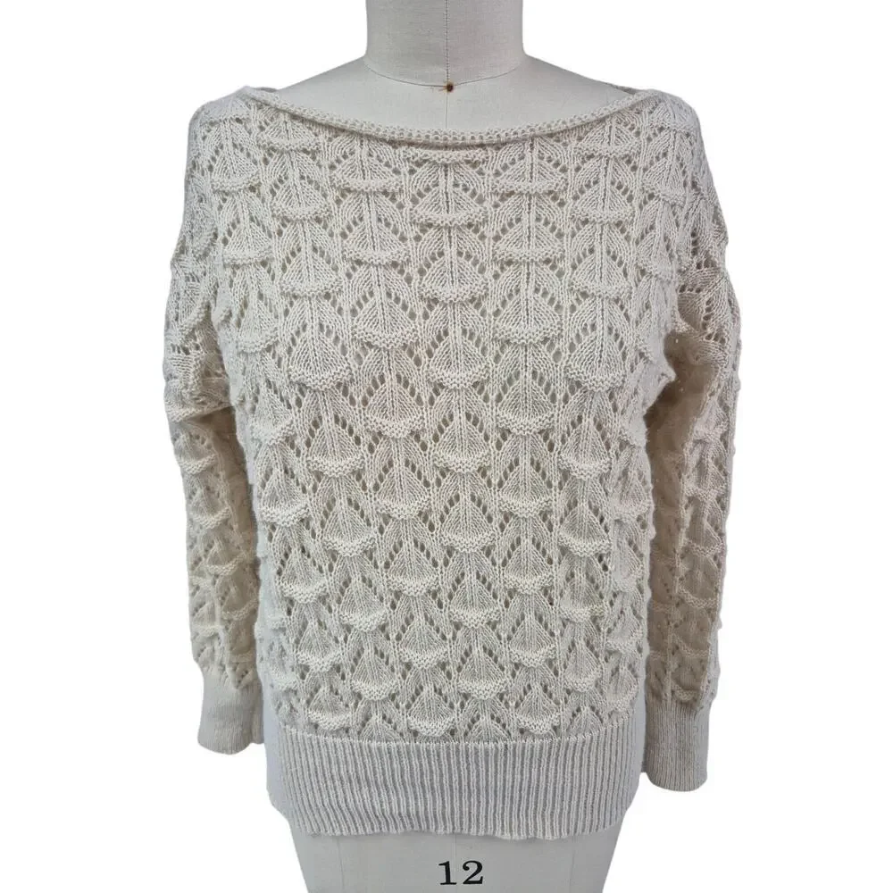 Beige Crochet Knit Boat Neck Sweater Ribbed Trim L